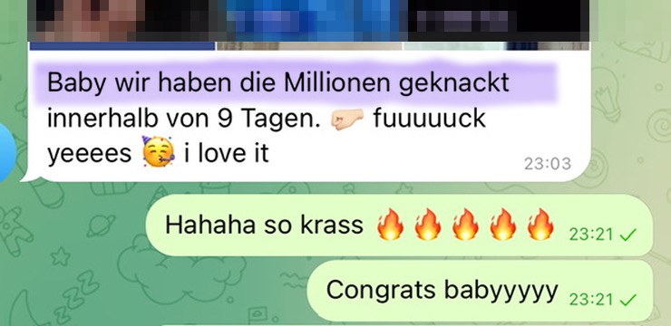 Nachricht einer Kundin: die Millionen geknackt innerhalb von 9 Tagen