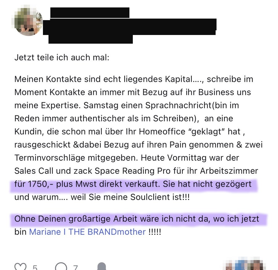 Kommentar einer Kundin: für 1.750 Euro direkt verkauft