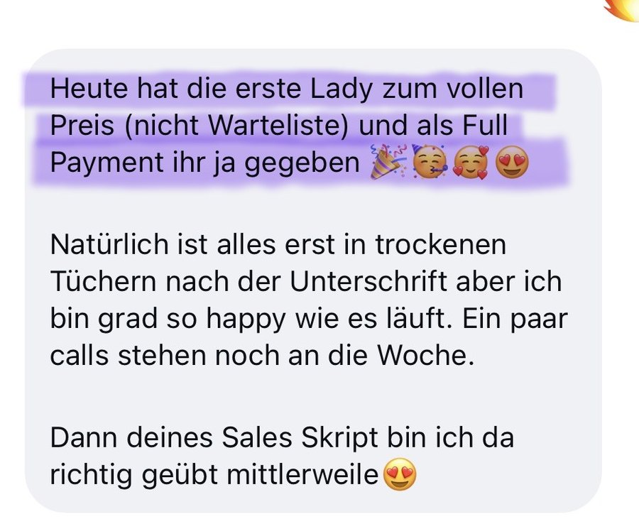 Nachricht einer Kundin: die erste Kundin zum vollen Preis mit Full Payment